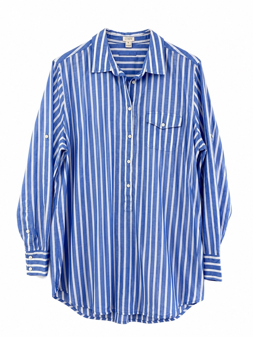 J.Crew Factory Blue White Stripe Cotton Popover Tunic Shirt XL Coastal Nautical